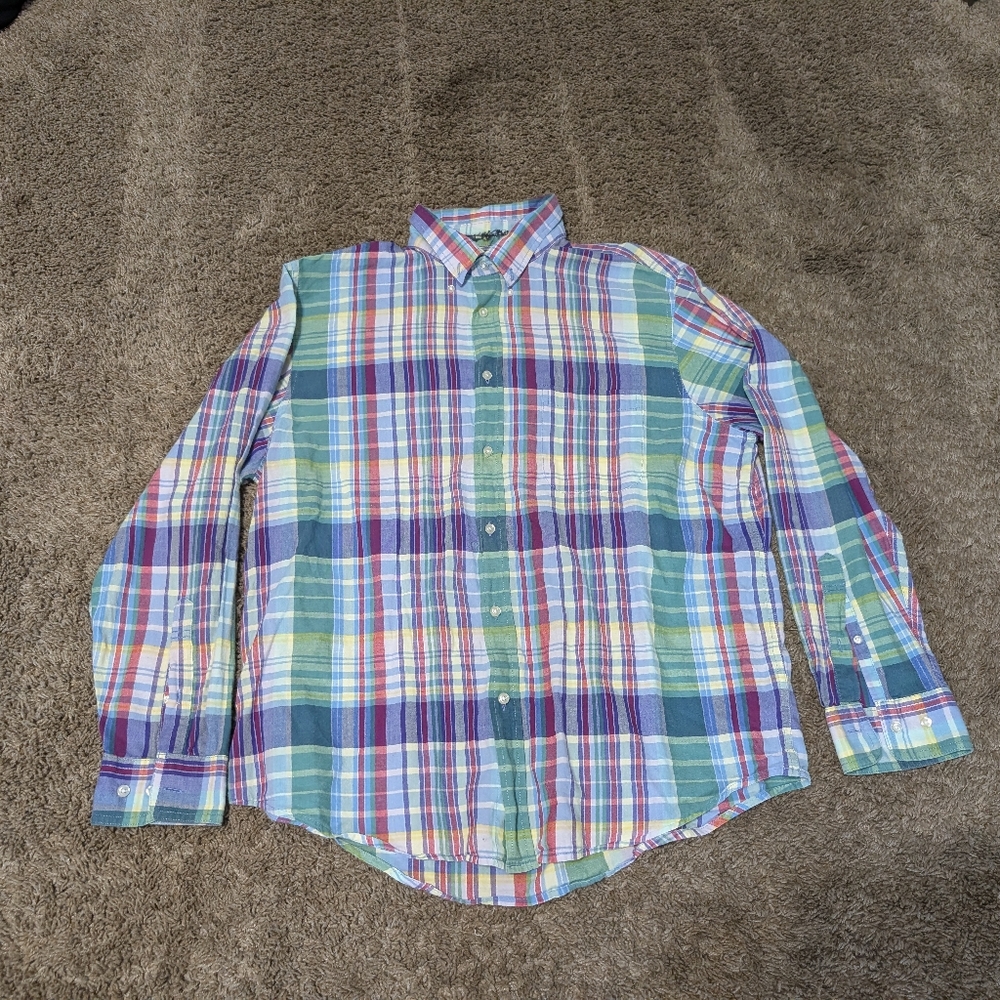 Lands End Pastel Plaid Long Sleeve Shirt Size Large